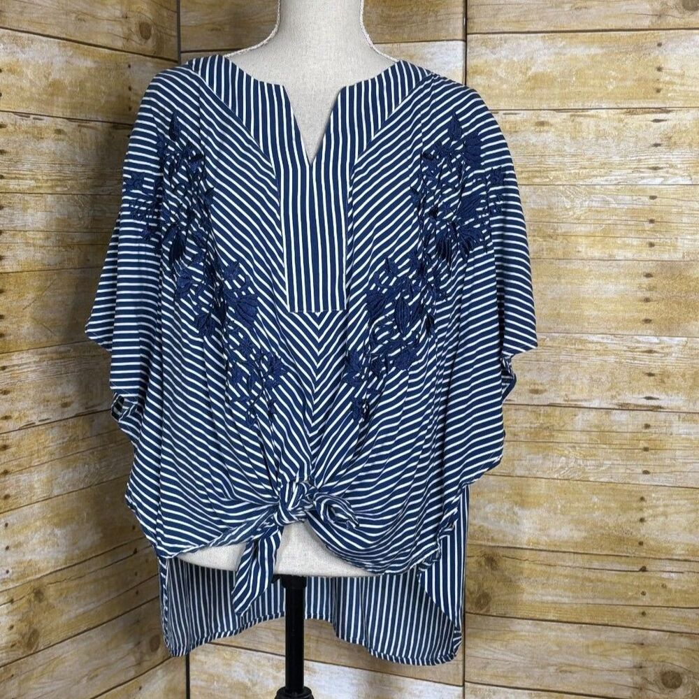 CHICO'S TIE FRONT HIGH LOW STRIPED FLORAL EMBROIDERED NOTCH NECK BATWING BLOUSE - Picture 2 of 5